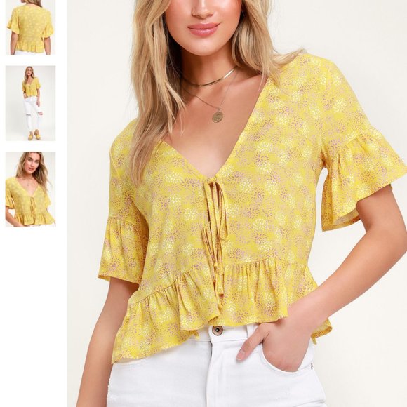Lulus Breah Yellow Print tie-front Top - Picture 2 of 13